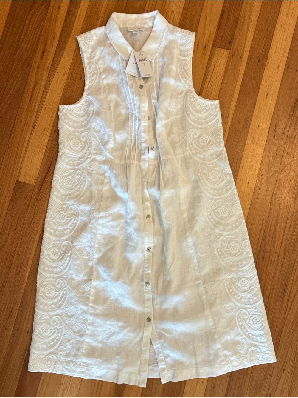 NWT J Jill Love Linen Sleeveless White Button-Front Embroidered Dress Small